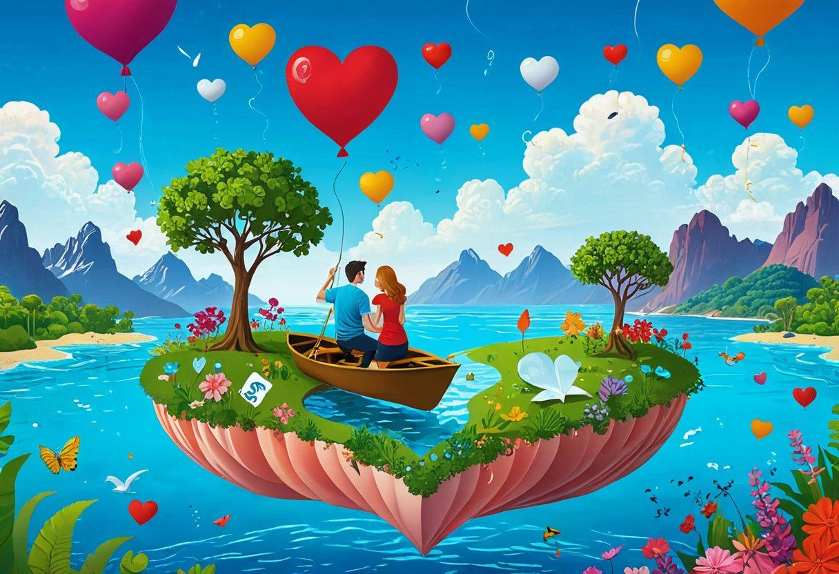 A whimsical illustration depicting a couple navigating a floating heart-shaped island filled with unconventional financial symbols like dollar signs, hearts, and quirky thought bubbles. The couple exudes joy, showcasing their unique love and adventure. Bright colors and playful elements convey a sense of passion and creativity in the world of finance. cartoonish style. vibrant colors. whimsical background.