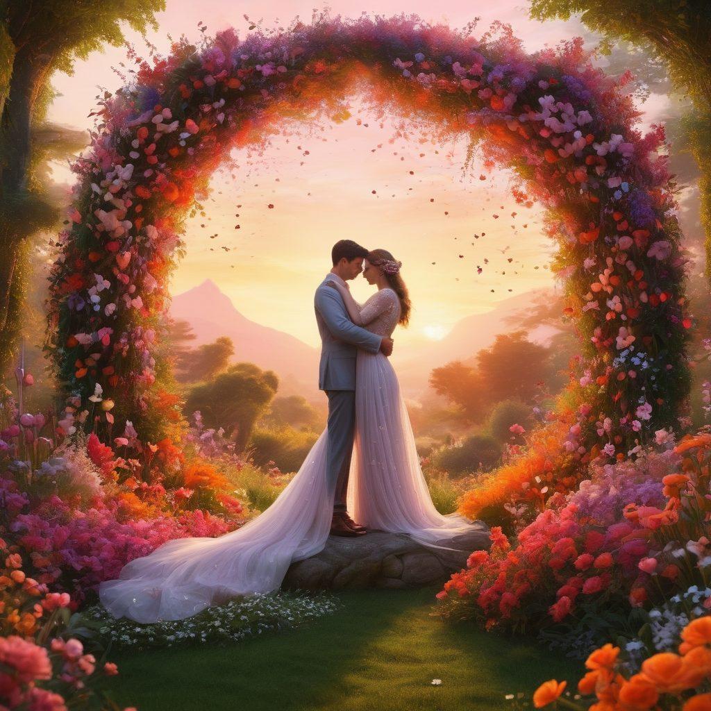 A romantic scene depicting a couple embracing in a lush, wild setting, surrounded by vibrant, blooming flowers and whimsical creatures symbolizing protection, like magical shields or guardian animals. The background should include a dreamy sunset that bathes the scene in warm hues, emphasizing the theme of love and unconventional protection. Incorporate elements like floating hearts or ethereal sparkles to enhance the romance. super-realistic. vibrant colors. 3D.