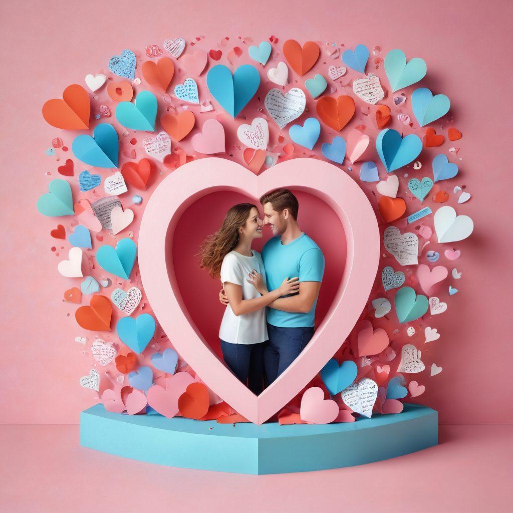 A whimsical illustration of a couple joyfully embracing surrounded by floating hearts made of insurance policy papers, playful elements like quirky icons representing emotional security (e.g., a shield with a heart, a love potion), and vibrant colors enhancing the feeling of love. The background should blend soft pastel hues to evoke warmth and creativity. 3D. vibrant colors.